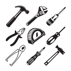 Collection of hand tools in black and white illustration