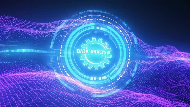 Futuristic digital technology is processing and analyzing data. Displayed as a glowing circular interface with a gear symbol. Over a dynamic flowing wave of particles in vibrant blue and purple hues