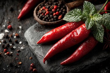 Red chili peppers with mint and peppercorns on dark stone