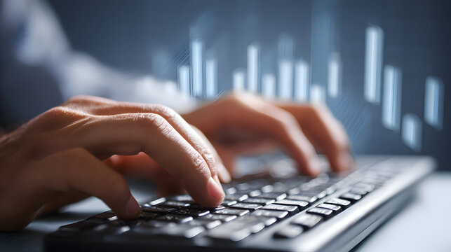 Navigating Digital Markets: Hands Typing with Glowing Financial Chart Overlay.