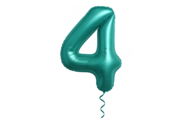 Turquoise Number Four Balloon Floating with Transparent Background