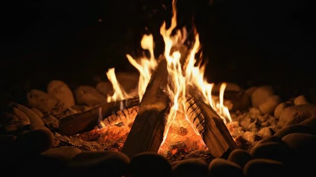 Glowing campfire featuring burning logs with a ring of stones