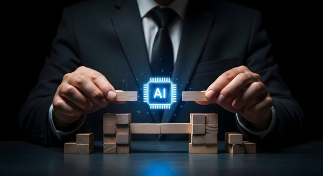 A businessman constructs a bridge of wooden blocks, integrating a glowing AI chip for future innovation.