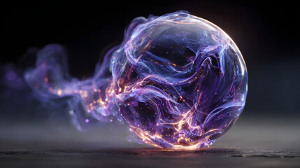 Neon futuristic 3d sphere of blue and purple glowing digital waves and particles. Future technology concept, Artificial Intelligence, engineering, and science. Abstract energy orb. Data, innovations.