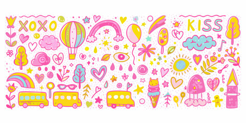 Whimsical doodle collection of cute elements and symbols