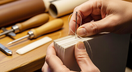 Close-up of hands sewing pages for a handmade book, demonstrating traditional bookbinding craft and attention to detail.