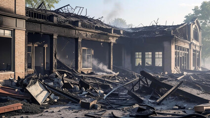 Ultra realistic image of a burned building with blackened walls, collapsed roof, shattered windows, and smoke rising from debris under a hazy daylight sky.