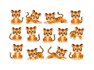 Cartoon Tiger Cub Array: An array of adorable cartoon tiger cubs showcase playful poses, evoking feelings of joy, friendship, and a dash of wild innocence.