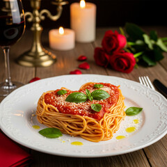 Heart-shaped spaghetti with tomato sauce, perfect romantic dinner for Valentine's Day, respect, Italian cuisine