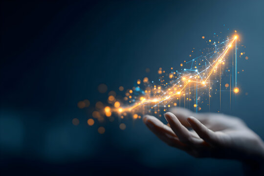 Hand Supporting a Luminous Arrow of Digital Growth and Innovation.
