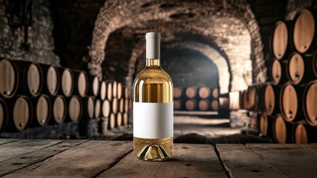 Minimalist bottle arrangement: sealed carafe, empty label, wooden cask, arched interior, ruby color, vineyard scent, subtle glow, fine texture, elegant room, classic mellow warmth, wine essence
