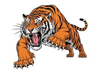 Majestic Tiger in Pursuit: A powerful, orange-and-black striped tiger strides boldly forward with a fierce growl and predatory stance, showcasing the essence of raw strength and untamed spirit.