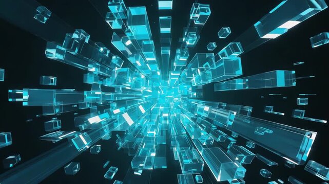 Abstract glowing blue glass cubes are expanding in dark space, creating an impressive visual effect representing big data and technological advancement