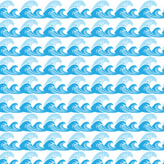 Repeating pattern of stylized blue ocean waves on white background water