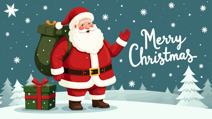 Cheerful Cartoon Santa Claus Christmas Greeting Card; Festive Winter Wonderland Scene; Joyful Holiday Illustration.