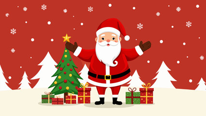 Cheerful Cartoon Santa Claus with Christmas Tree and Presents; Festive Red Background; Winter Holiday Illustration