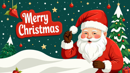 Cheerful Santa Claus Christmas Card Design: Festive Cartoon Illustration with Merry Christmas Greeting, Snow, and Decorated Trees.