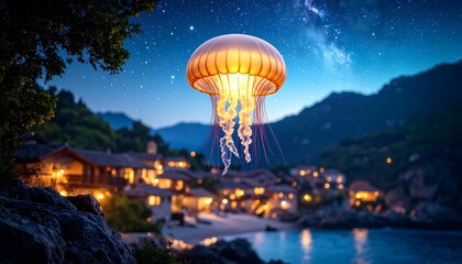 Glowing Jellyfish Floating Above Coastal Village at Night
