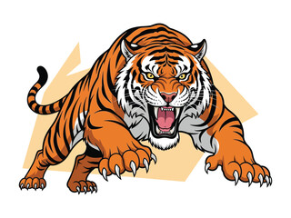 Obraz premium Vibrant Tiger: A stylized illustration of a tiger, showcasing its dynamic power with a fierce roar, poised to attack, in a vivid and bold design.