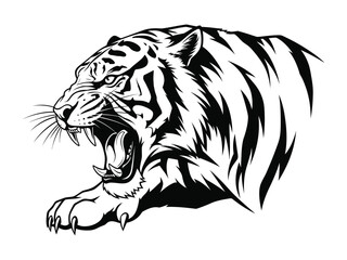 Roaring Tiger Silhouette: A fierce tiger, rendered in a striking black and white silhouette, roars with raw power, its teeth bared in a display of untamed wilderness.