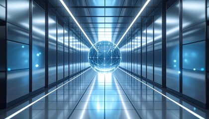 Glowing Sphere Floating in Modern Hallway with Reflective Floor