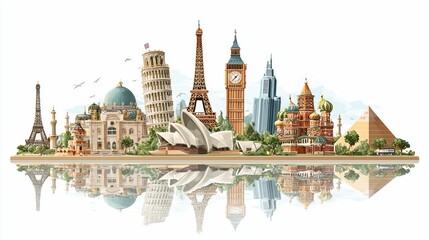 Famous Landmarks Illustrated Viewing International Icons Along a Horizon