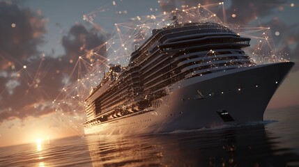 Luxury cruise ship sailing on the open sea at sunset, showcasing nautical tourism and vacation travel experiences.