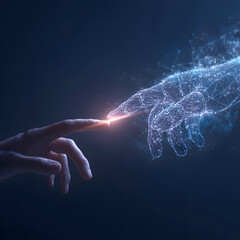 The Creation of AI: Luminous Touch Between a Human and a Digital Wireframe Hand.