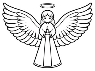 Line art, black and white Christmas angel. A black and white vector of a winged angel