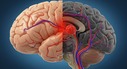 Anatomical illustration of a human brain showcasing blood vessels and structural differences