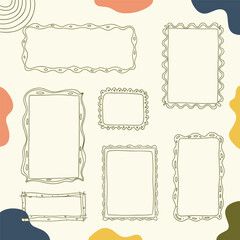 Collection of hand drawn decorative frames and borders with abstract shapes background