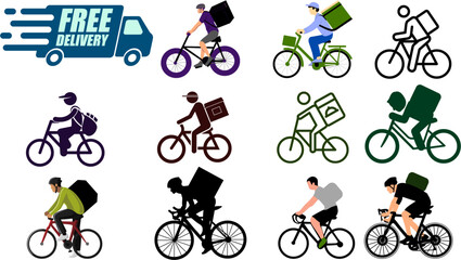 Delivery man on bicycle 12 icon set for courier and logistics service illustration.	