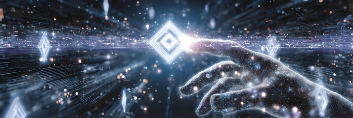 Luminous Wireframe Hand Activating a Neon Diamond in a Digital Data Stream.