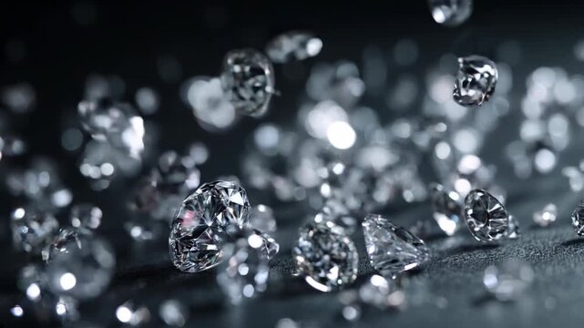 Shiny diamonds gracefully fall from above against a deep black background, sparkling with light and elegance, creating a luxurious and mesmerizing visual effect.