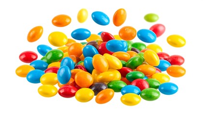 Colorful, oval-shaped candies scattered on white background