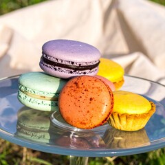 A close-up shot of colorful French macarons and mini muffins on a glass plate