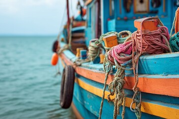 Obraz premium Colorful fishing boat docked with ropes and buoys.