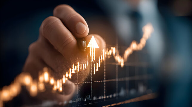 Hand with Stylus Tracing a Luminous Upward Arrow on a Holographic Financial Growth Chart.
