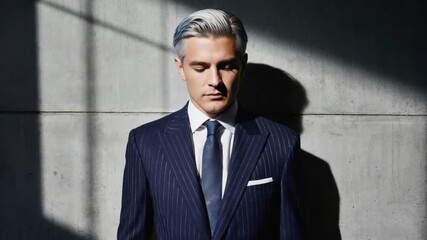 Business executive with gray hair, wearing a stylish pinstripe suit, standing confidently in front of a concrete wall, with intriguing window shadows creating a dynamic backdrop