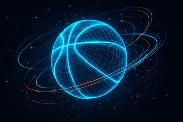 Obraz premium Bola basket holografik bercahaya neon melayang di ruang tanpa gravitasi, dikelilingi garis cahaya dan partikel digital. Desain futuristik konsep olahraga modern.