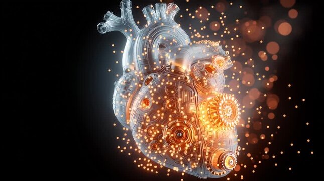 Conceptual image of a human heart split between organic tissue and a glowing mechanical engine, symbolizing the fusion of humanity and technology, emotion and innovation.
