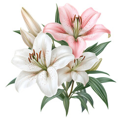 Fototapeta premium Elegant arrangement of white and pink lilies, isolated on white, PNG clipart for invitations or decor