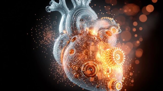 Conceptual image of a human heart split between organic tissue and a glowing mechanical engine, symbolizing the fusion of humanity and technology, emotion and innovation.
