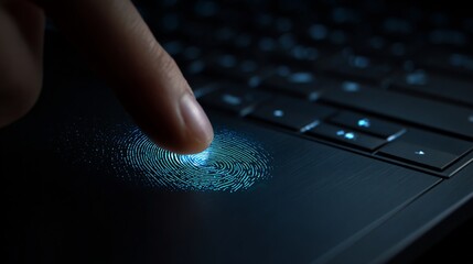 Finger presses button to authenticate fingerprint on laptop keyboard at night