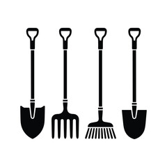 Black Silhouettes of Gardening Tools Including Shovels Rakes and Brooms vector illustration