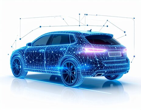 Futuristic digital car rendered as a glowing blue wireframe network, representing advanced technology and connectivity.