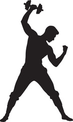 muscular man lifting dumbbell silhouette vector, strong male athlete workout with weights, bodybuilder training pose black icon