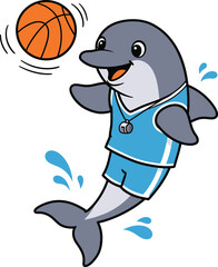 Naklejka premium Happy Dolphin Cartoon Spinning a Basketball