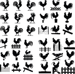Rooster Crowing on Fence Silhouette – Rural Morning Icon Set Farm Rooster Silhouette on Fence – Sunrise Animal Icon