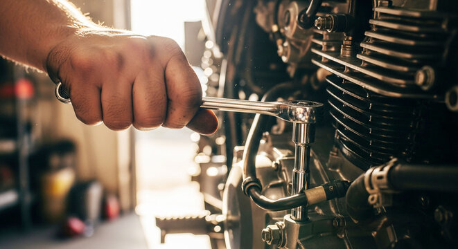Mechanic's Hand Repairing Motorcycle Engine with Wrench in Garage Workshop - Powered by Adobe